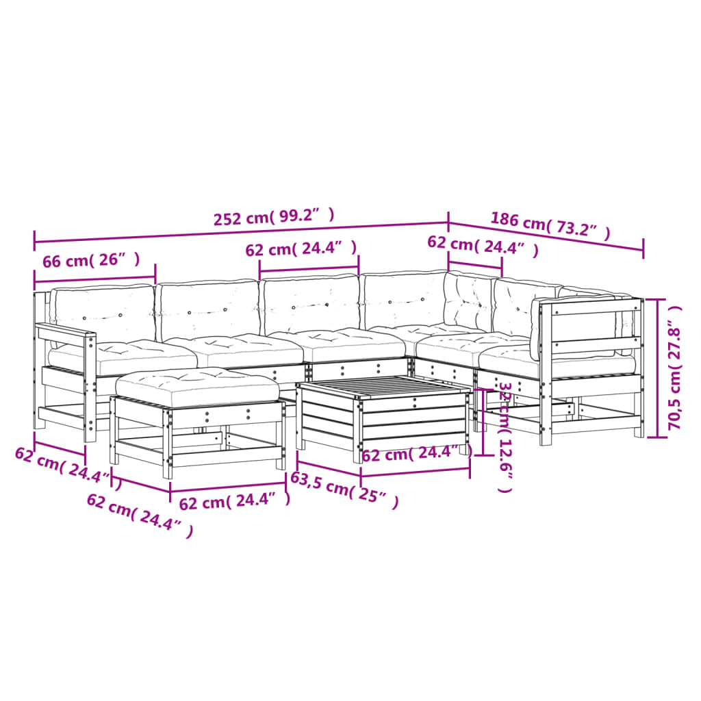 Garden furniture set with cushions, 8 pieces, white, solid pine wood