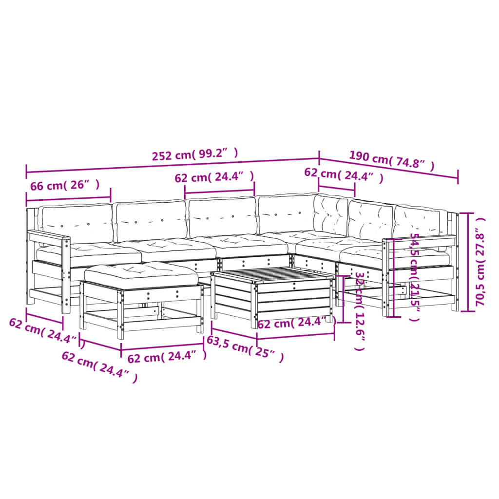 Garden furniture set with cushions, 8 pieces, solid douglas fir