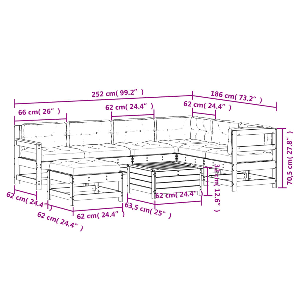 Set mobilier grădină cu perne, 8 piese, alb, lemn masiv de pin