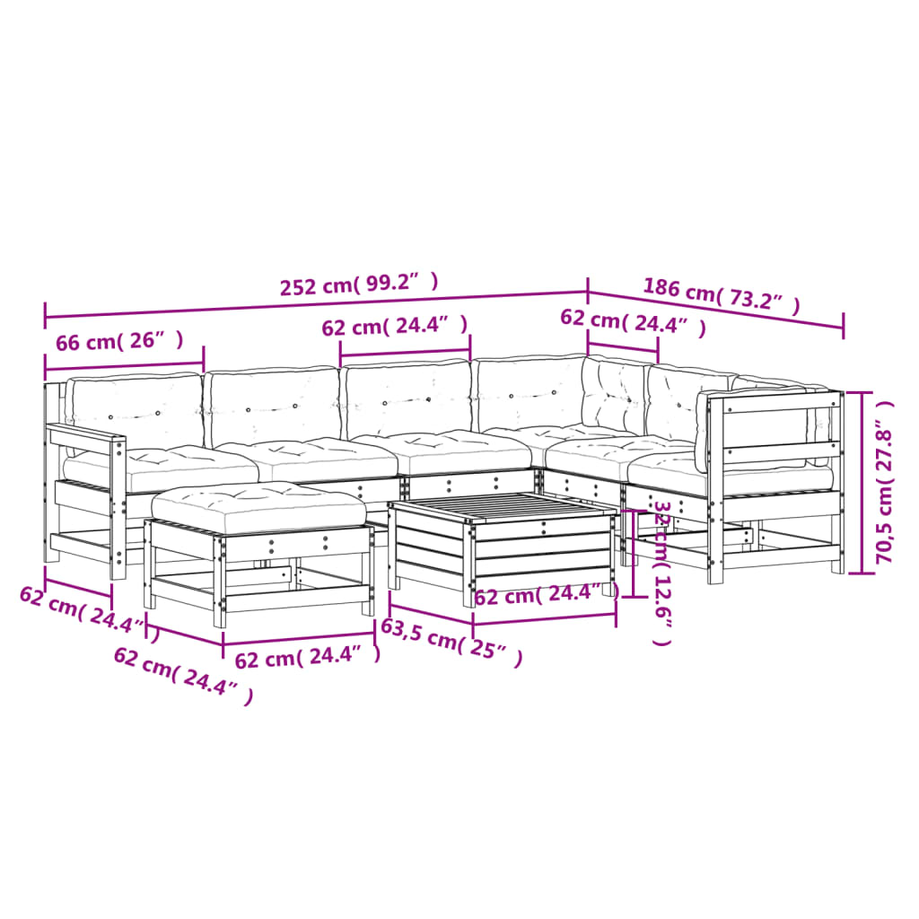 Garden furniture set with cushions, 8 pieces, white, solid pine wood