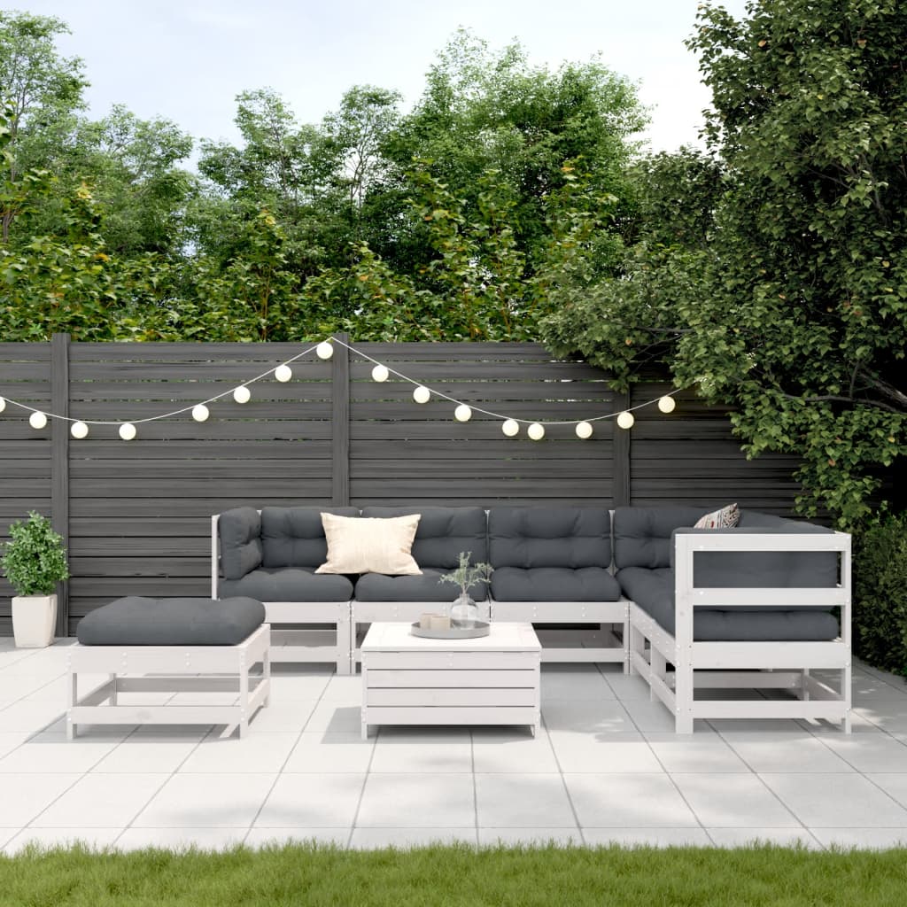 Garden furniture set with cushions, 8 pieces, white, solid pine wood