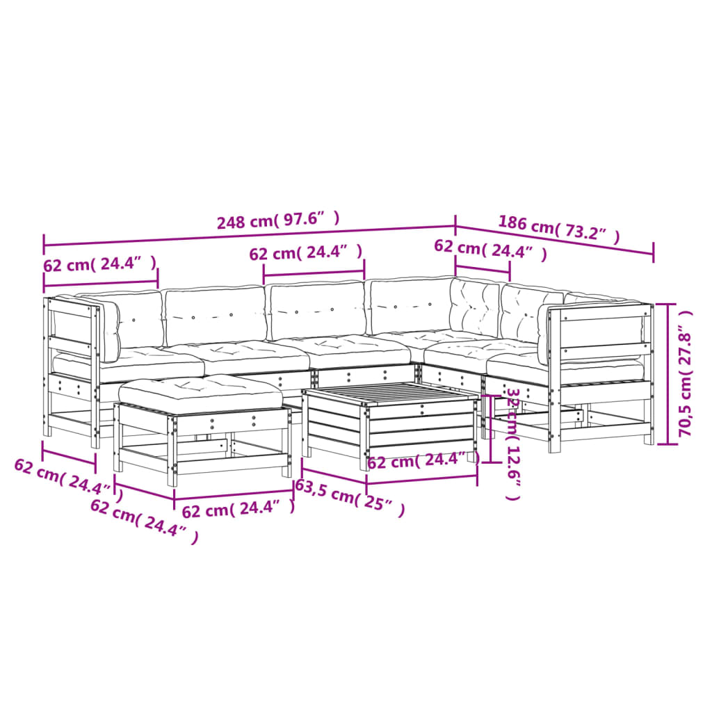 Garden furniture set with cushions, 8 pieces, white, solid pine wood