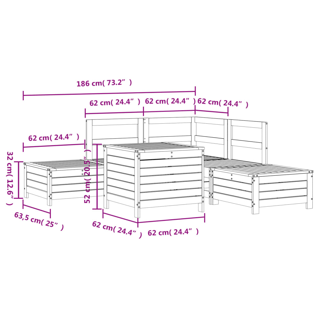 Garden sofa set, 6 pieces, white, solid pine wood