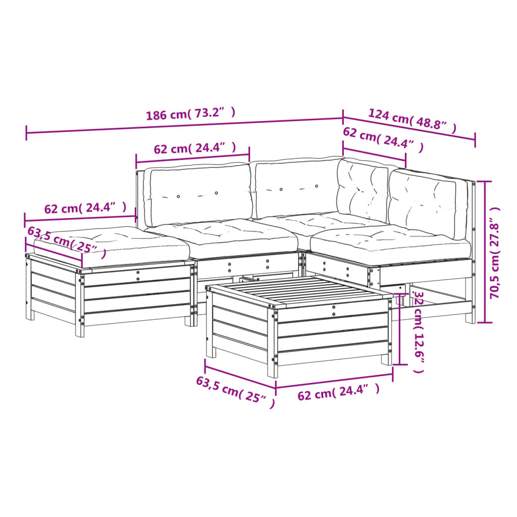 Garden furniture set with cushions 5 pieces white solid pine wood