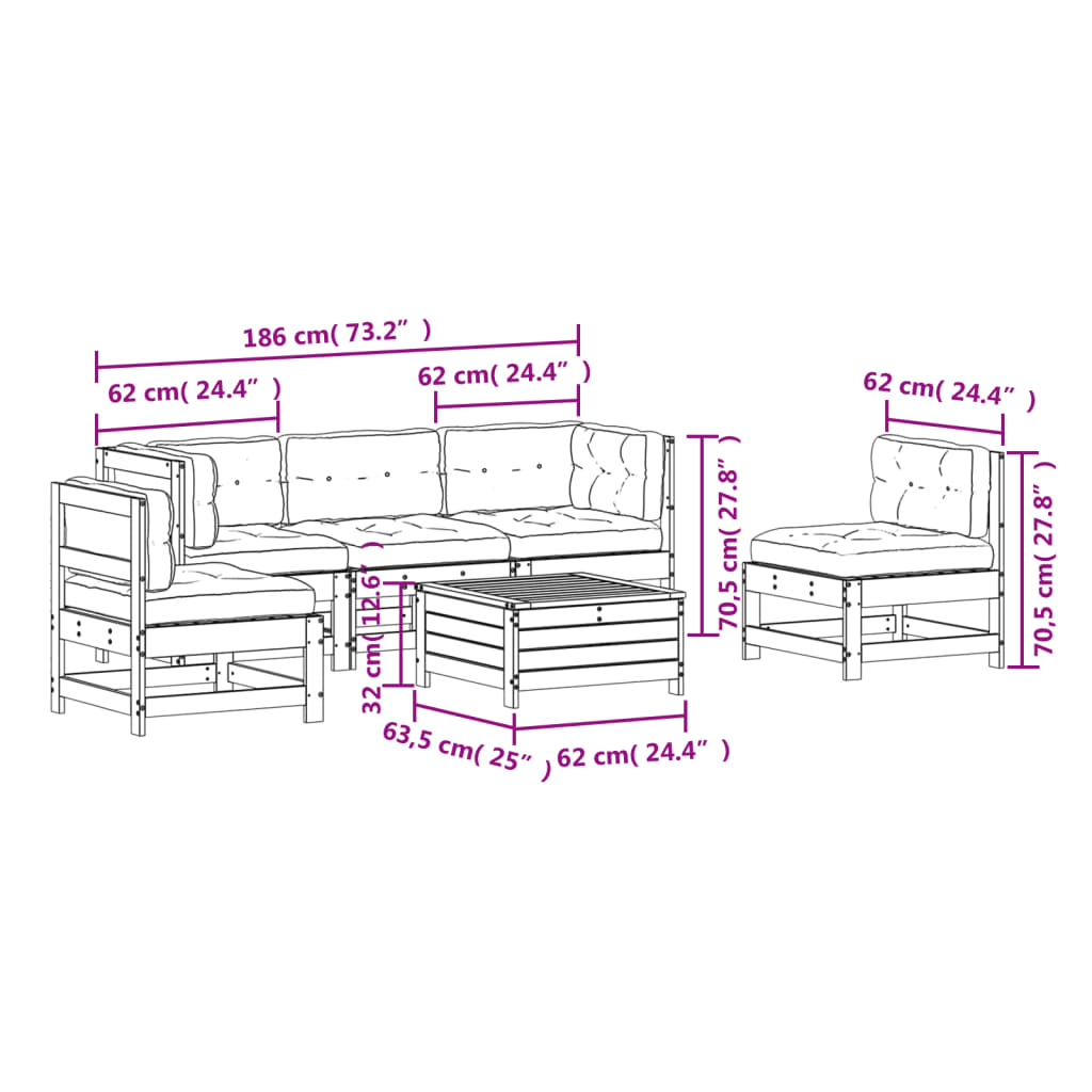 Garden furniture set with cushions, 6 pieces, solid Douglas wood