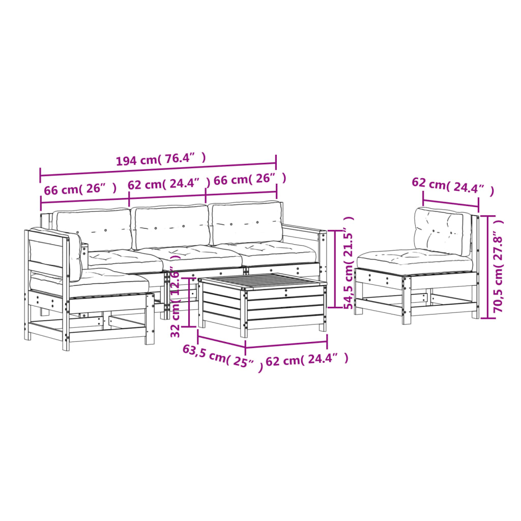 Garden furniture set with cushions, 6 pieces, white, solid pine wood