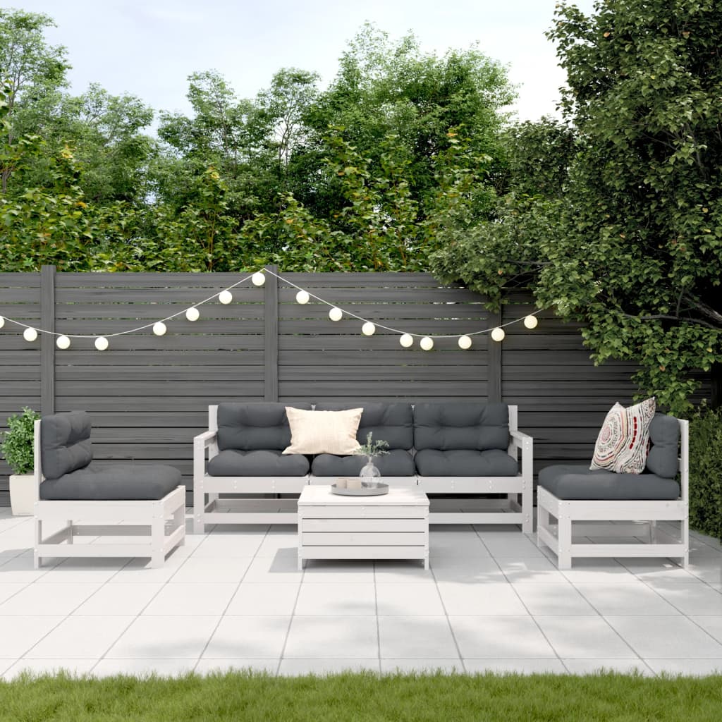 Garden furniture set with cushions, 6 pieces, white, solid pine wood