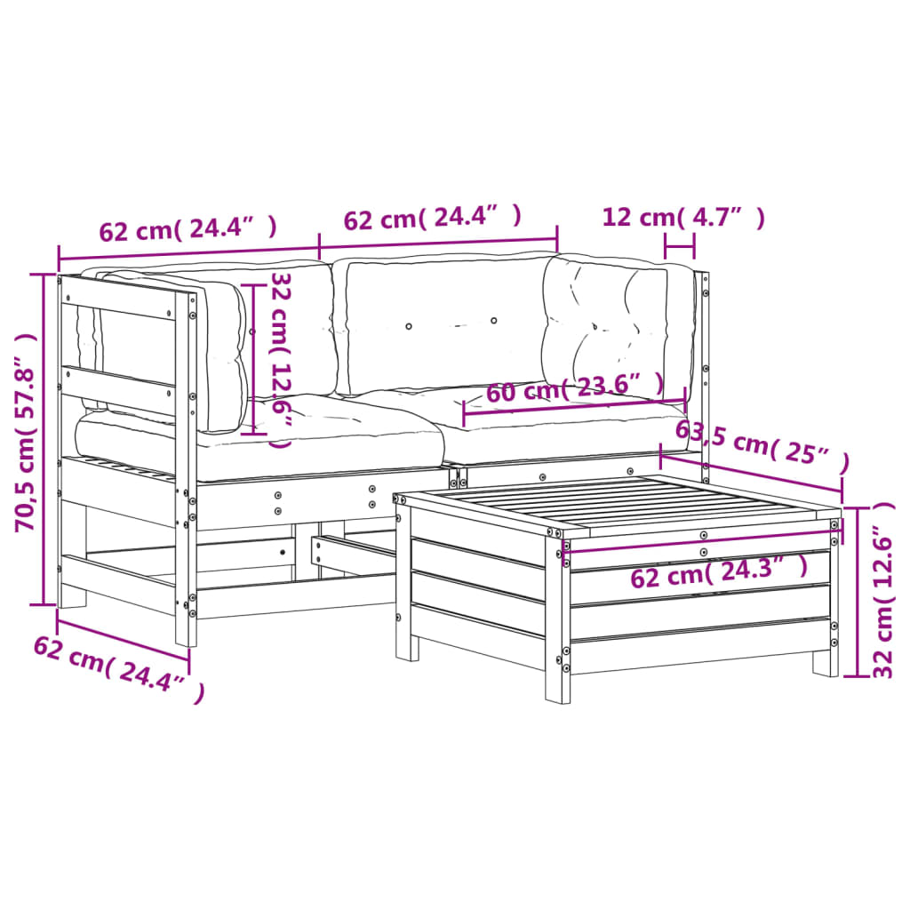 Garden furniture set with cushions, 3 pieces, white, solid pine wood