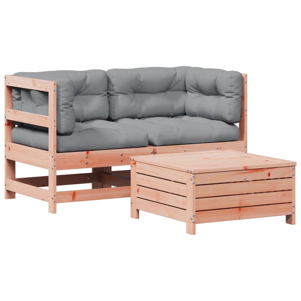 Garden furniture set with cushions, 3 pieces, solid douglas fir