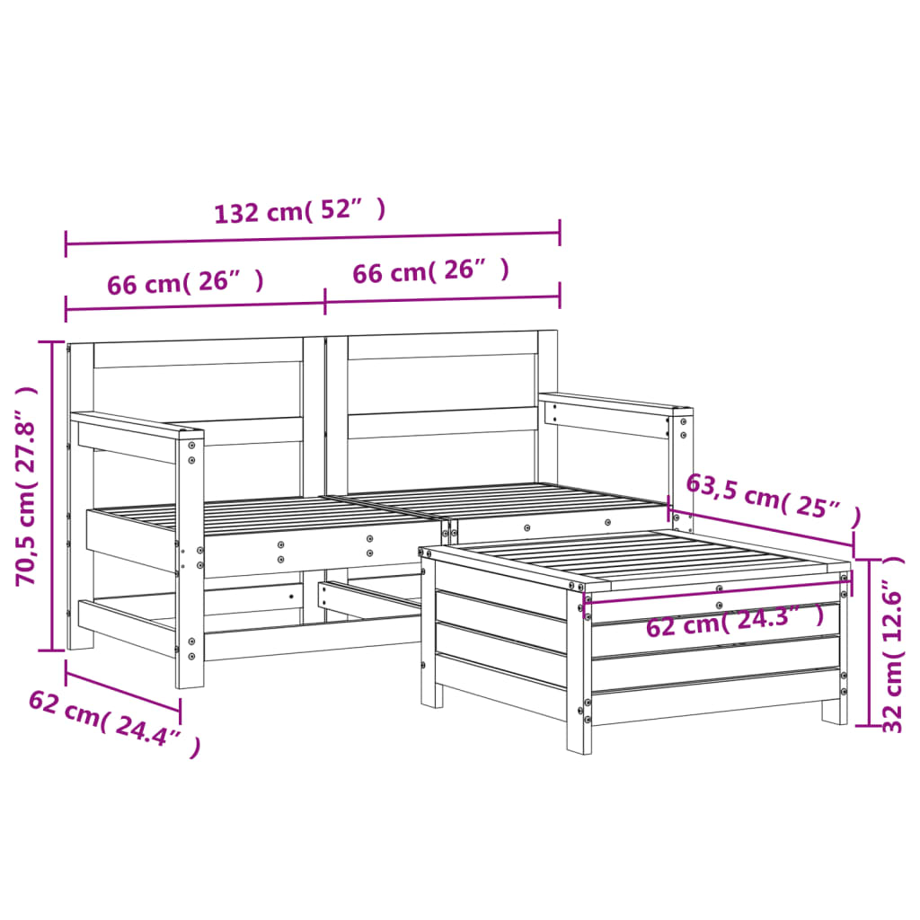 Garden sofa set, 3 pieces, white, solid pine wood