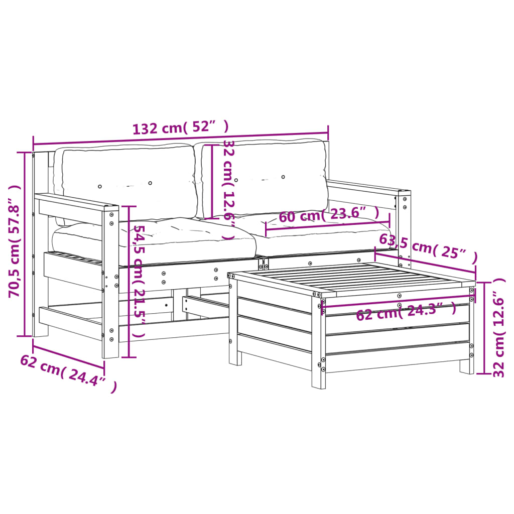 Garden furniture set with cushions, 3 pieces, solid pine wood