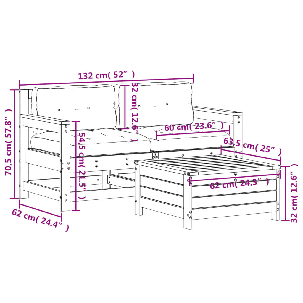 Garden furniture set with cushions, 3 pieces, solid douglas fir