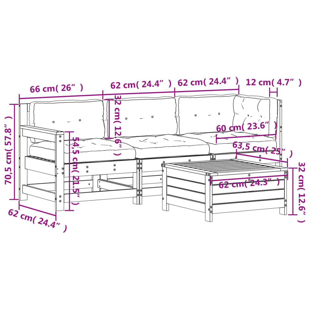 Set mobilier de grădină cu perne, 4 piese alb lemn masiv de pin