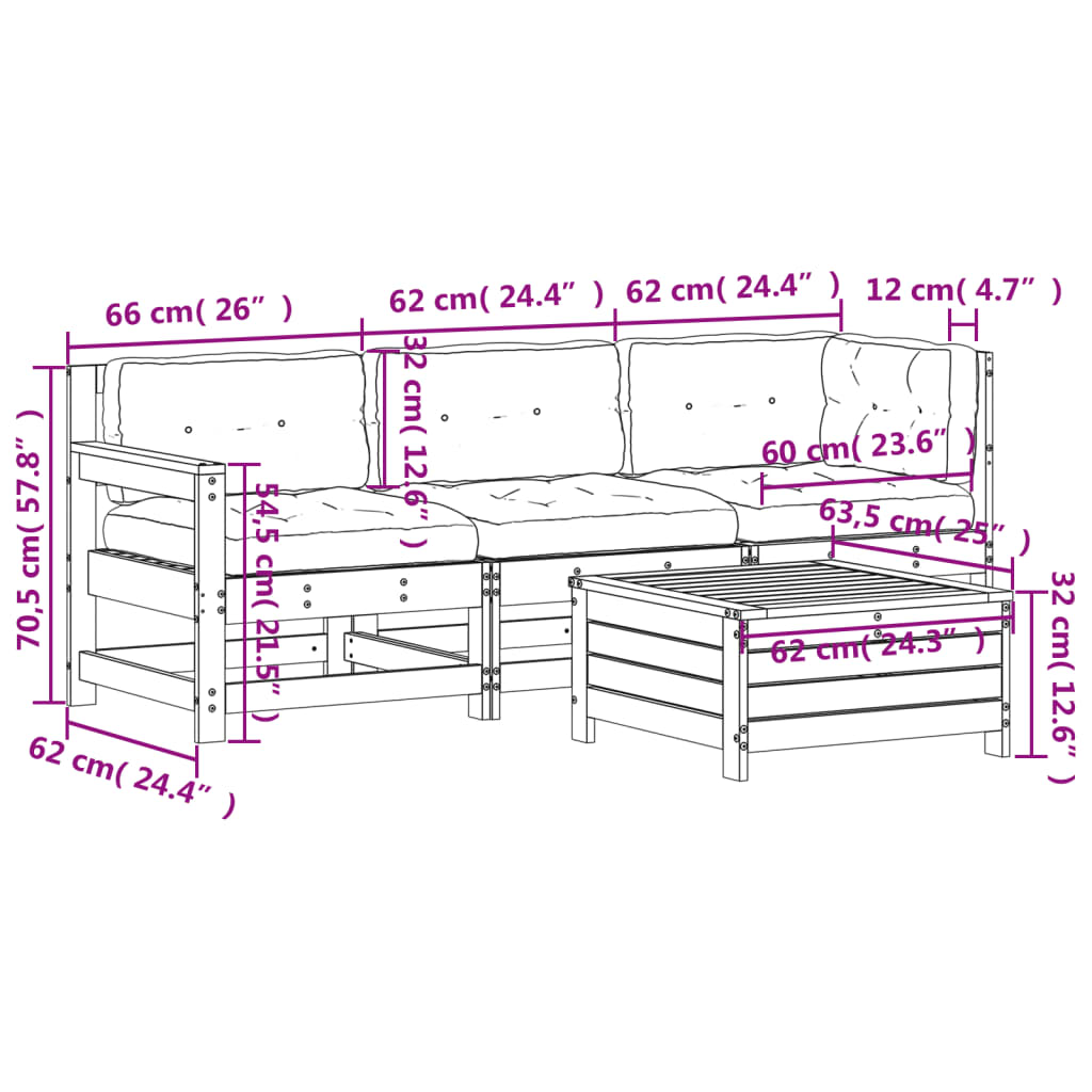 Garden furniture set with cushions, 4 pieces, solid douglas fir