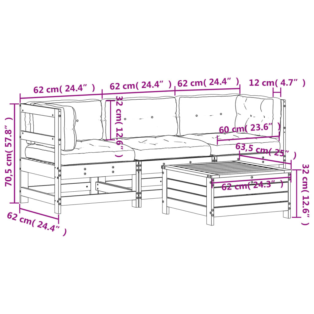 Garden furniture set with cushions, 4 pieces, white, solid pine wood