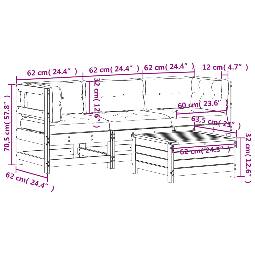 Garden furniture set with cushions, 4 pieces, solid douglas fir