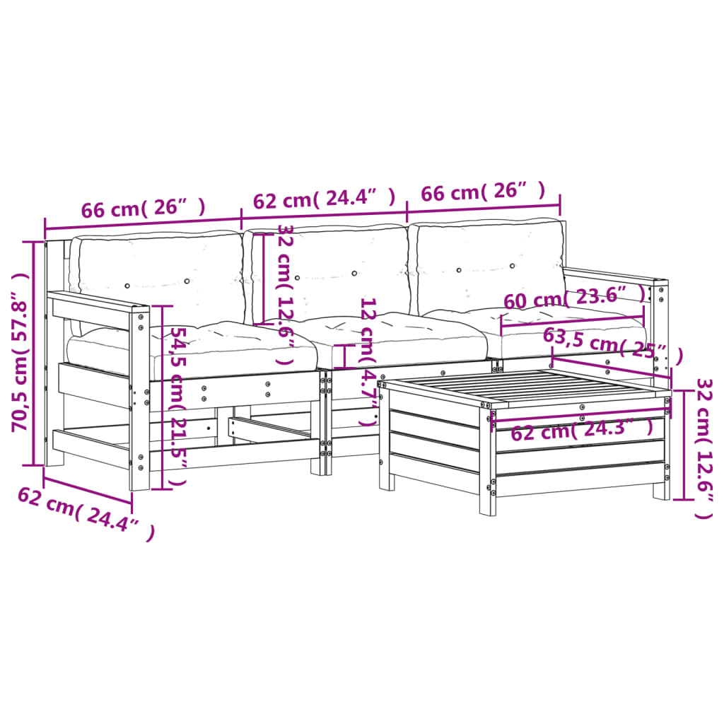 Set mobilier de grădină cu perne, 4 piese, lemn masiv de pin