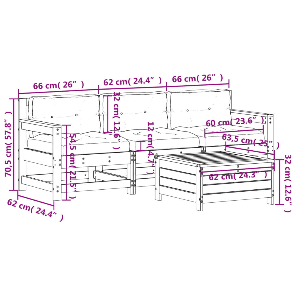 Garden furniture set with cushions, 4 pieces, solid douglas fir