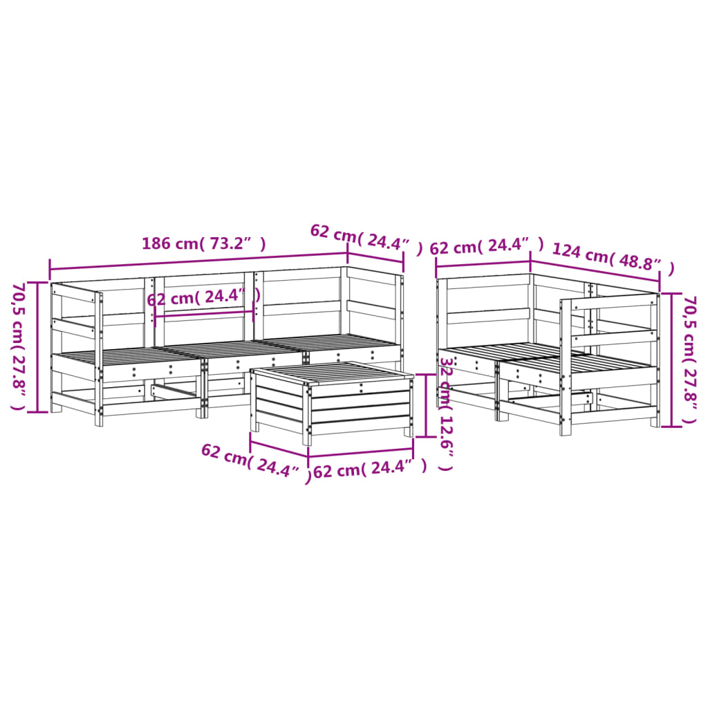 Garden sofa set, 6 pieces, white, solid pine wood