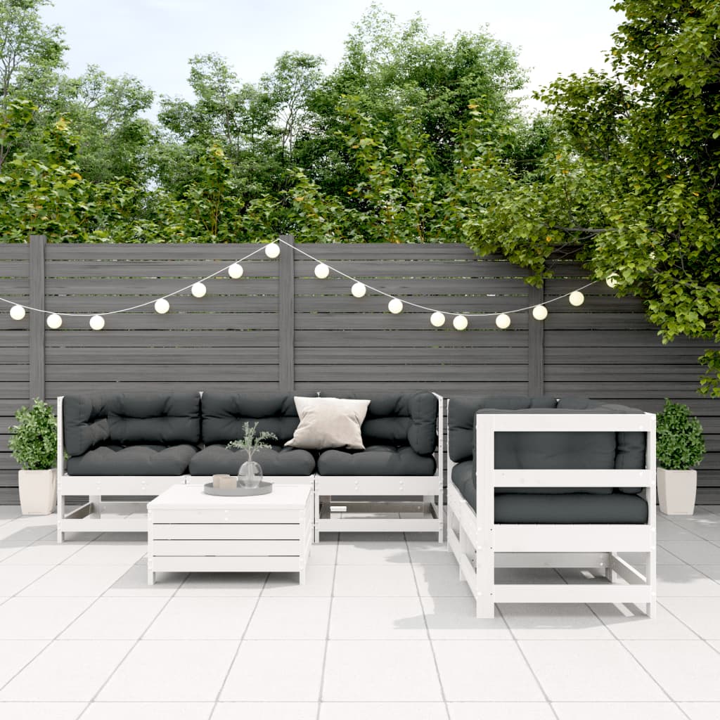 Garden furniture set with cushions, 6 pieces, white, solid pine wood