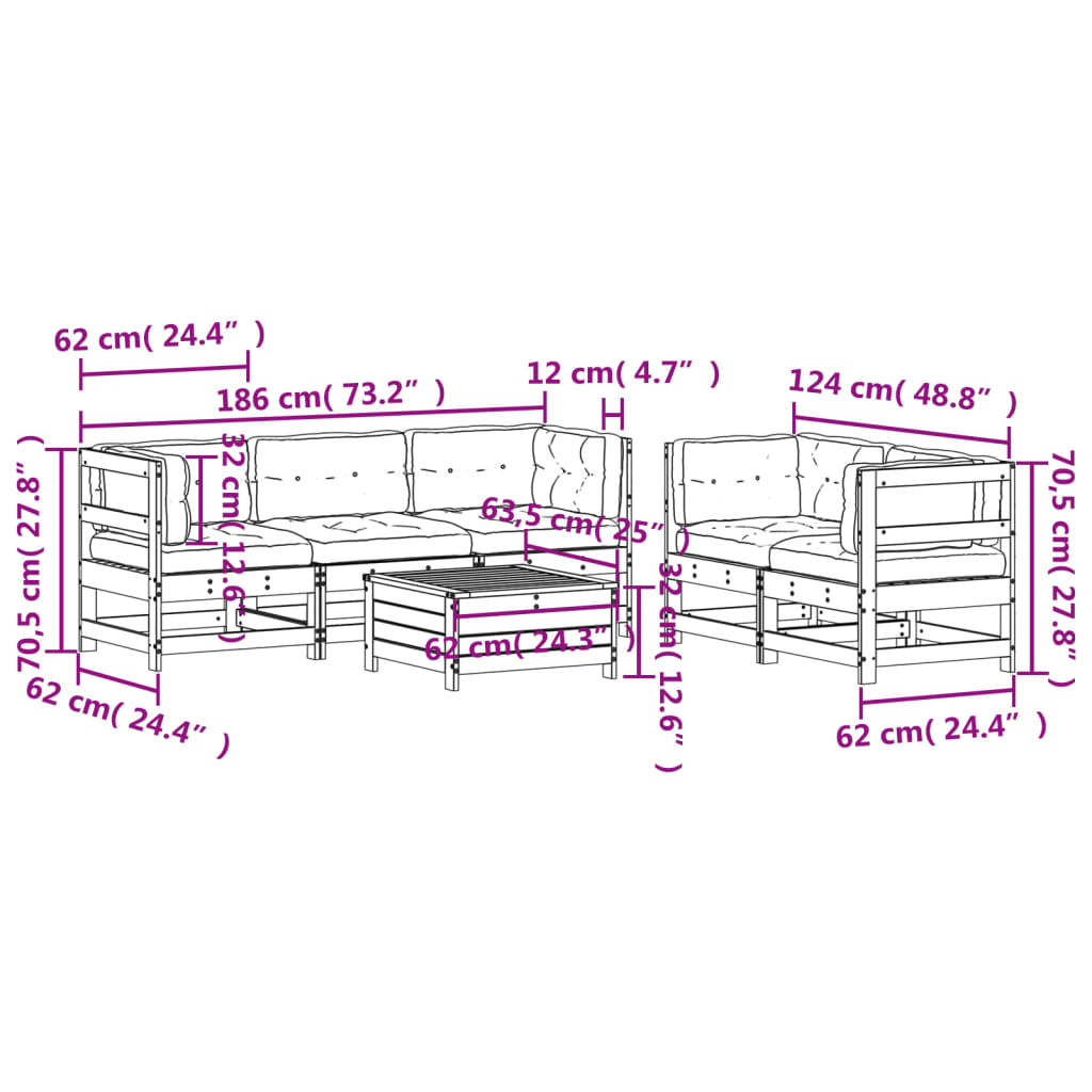 Garden furniture set with cushions, 6 pieces, solid Douglas wood