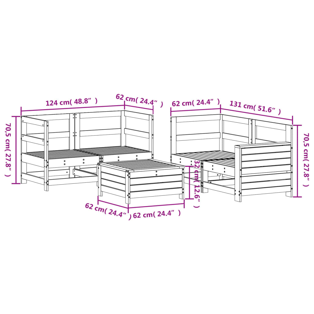 Garden sofa set, 5 pieces, solid pine wood