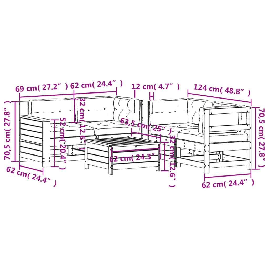 Garden furniture set with cushions, 5 pieces, solid douglas fir