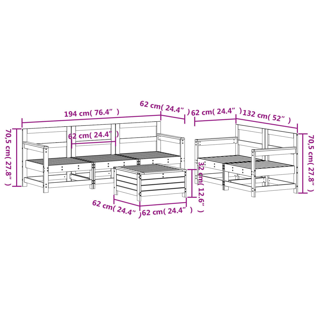 Garden sofa set, 6 pieces, solid pine wood