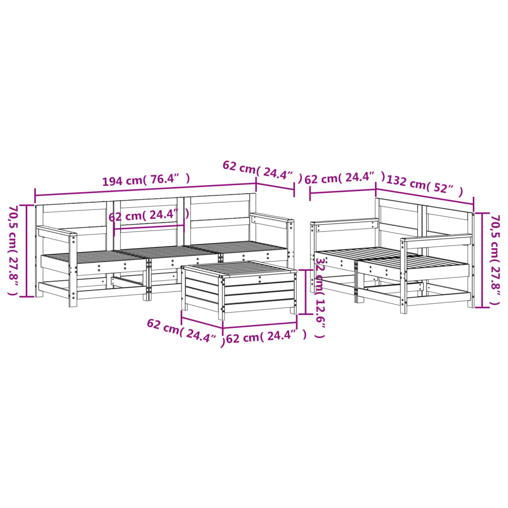 Garden sofa set, 6 pieces, white, solid pine wood