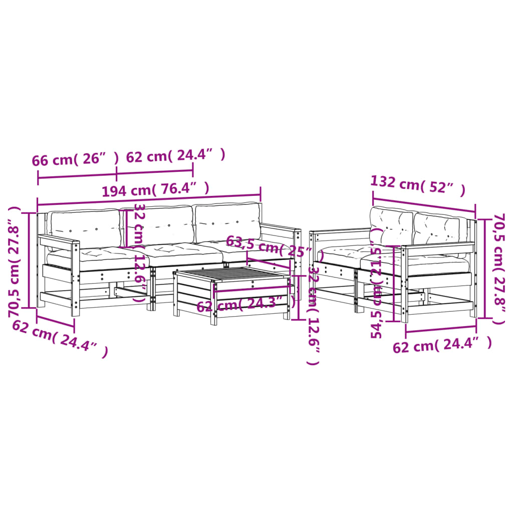 Garden furniture set with cushions, 6 pieces, solid pine wood