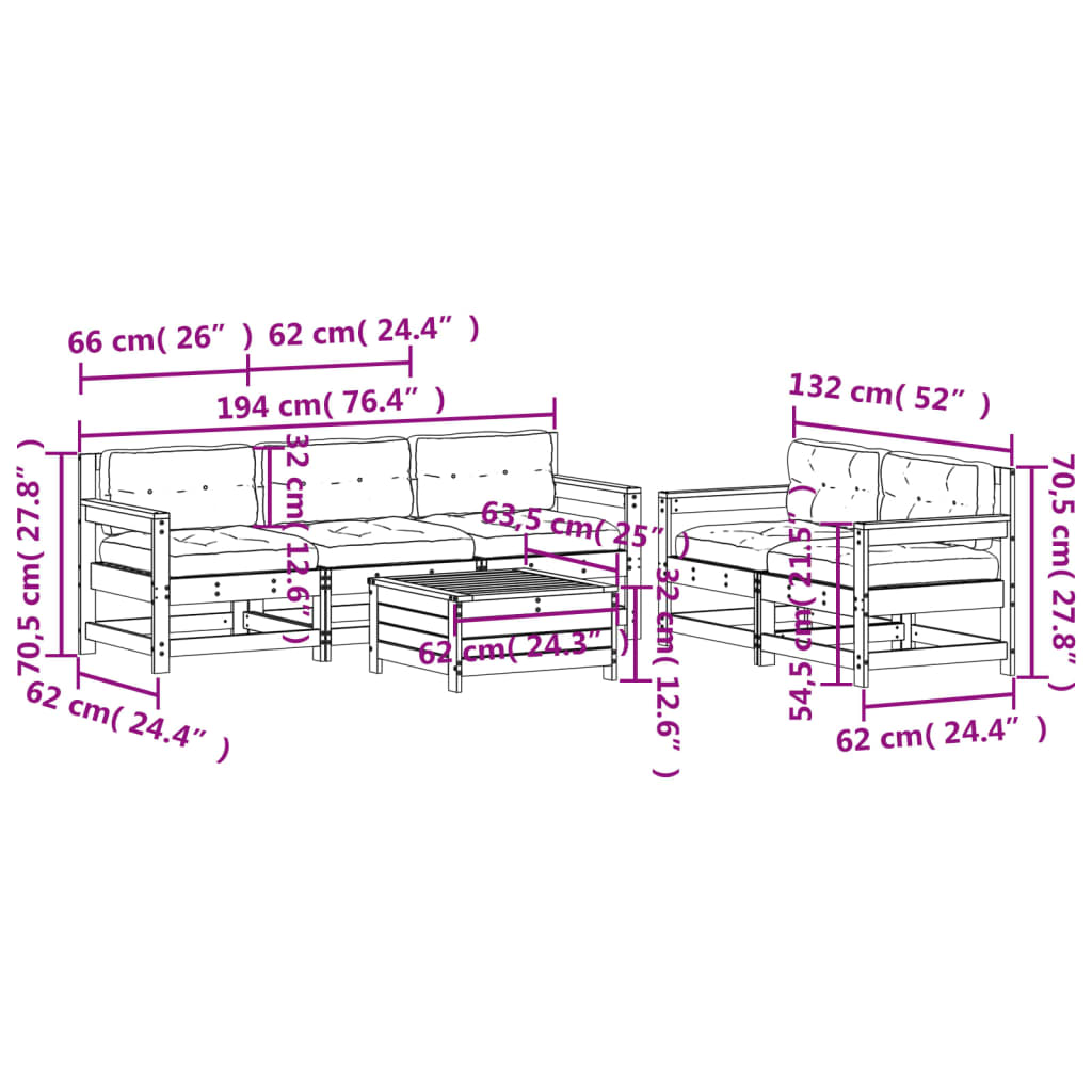 Garden furniture set with cushions, 6 pieces, white, solid pine wood