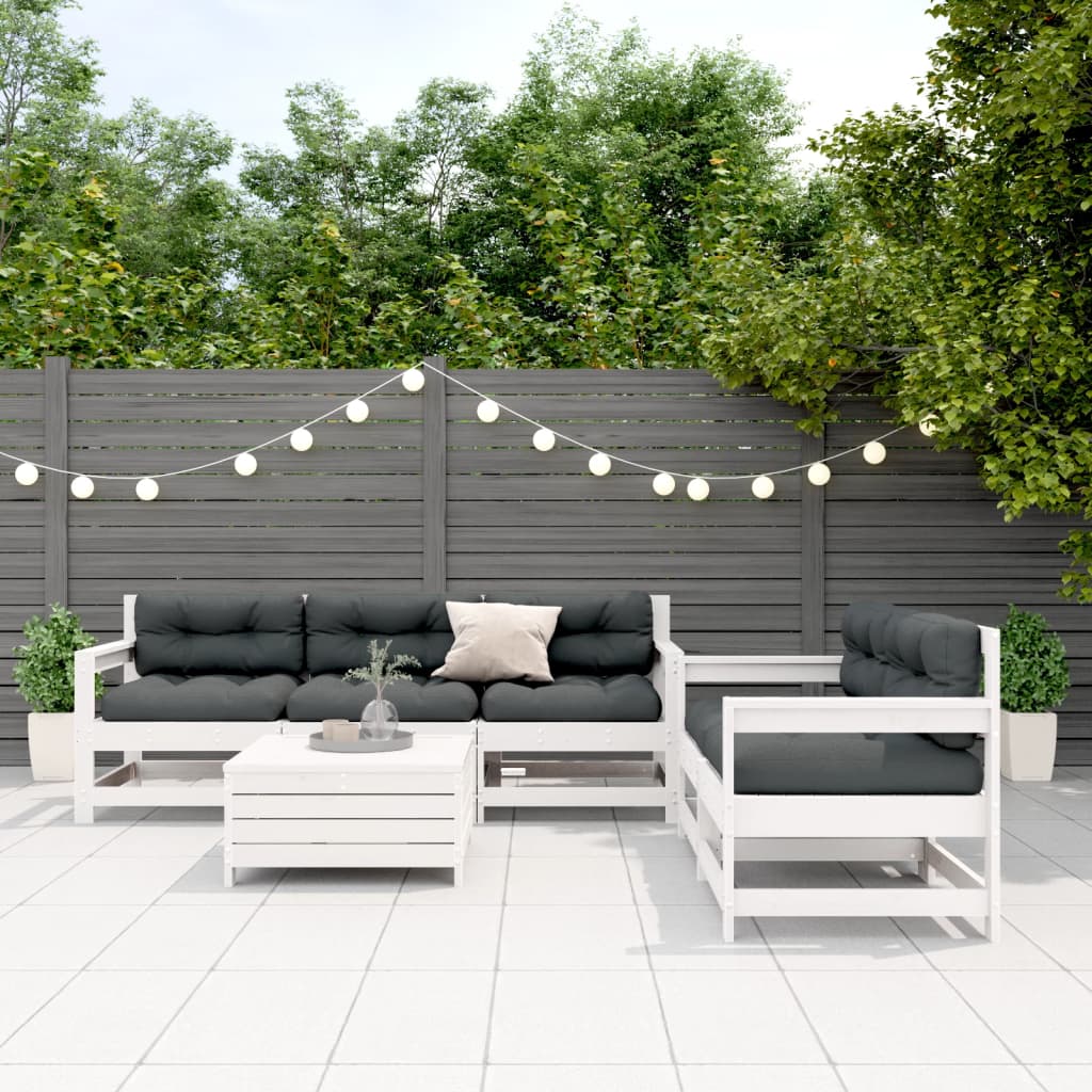 Garden furniture set with cushions, 6 pieces, white, solid pine wood