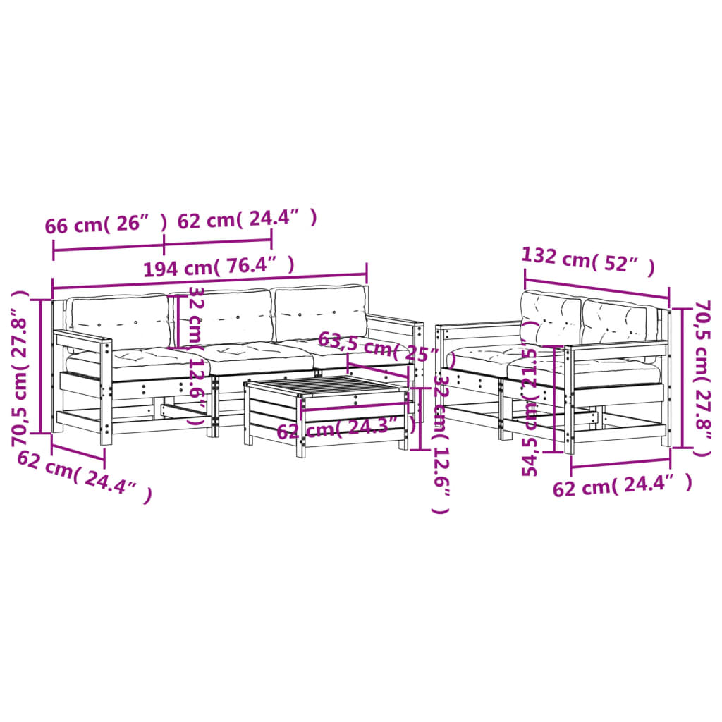 Garden furniture set with cushions, 6 pieces, solid Douglas wood