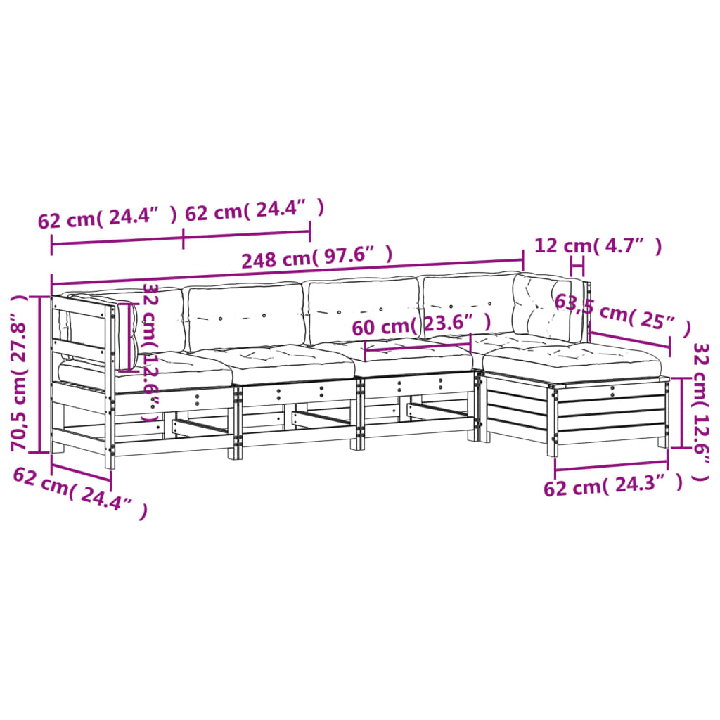 Garden furniture set with cushions 5 pieces white solid pine wood