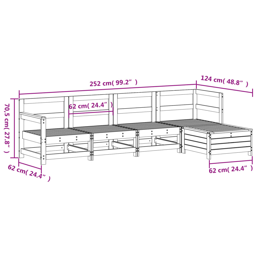 Garden sofa set, 5 pieces, white, solid pine wood