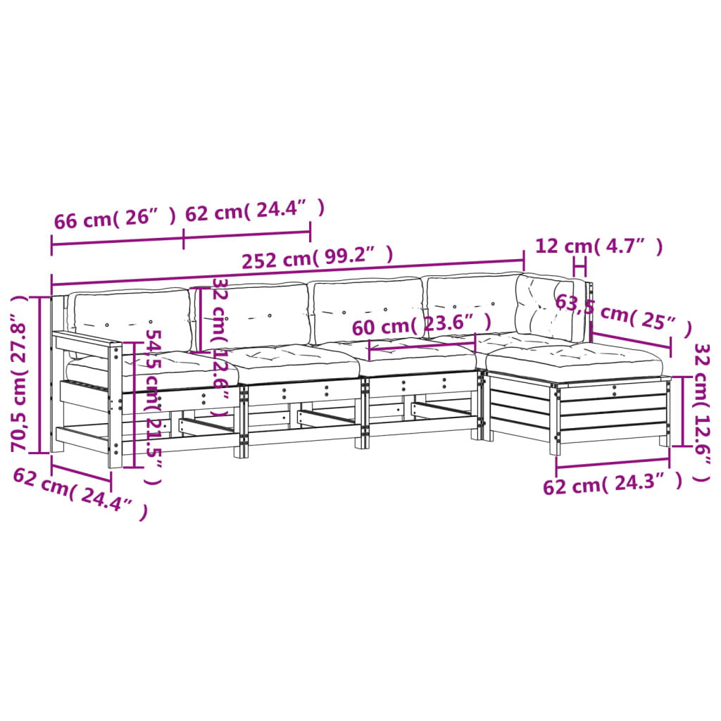 Garden furniture set with cushions 5 pieces white solid pine wood