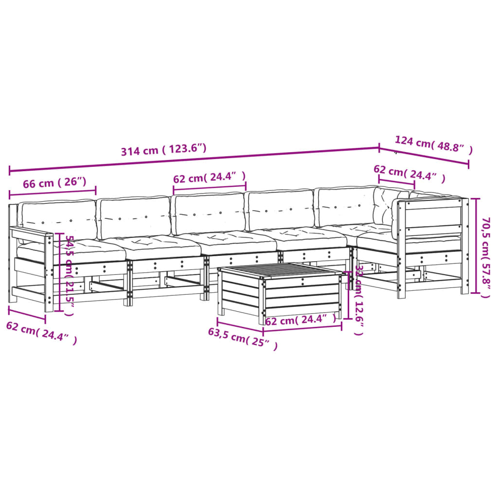 Garden furniture set with cushions, 7 pieces, solid pine wood