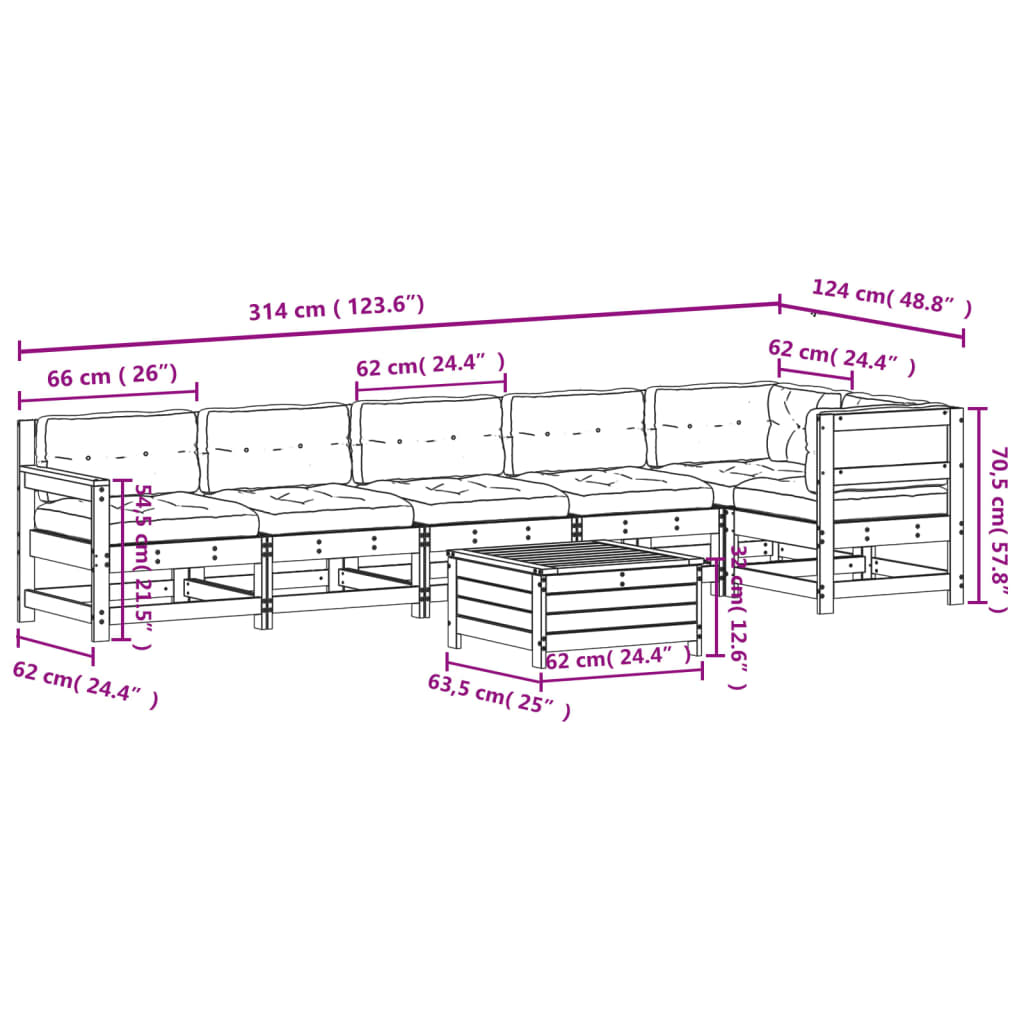 Garden furniture set with cushions, 7 pieces, solid douglas fir