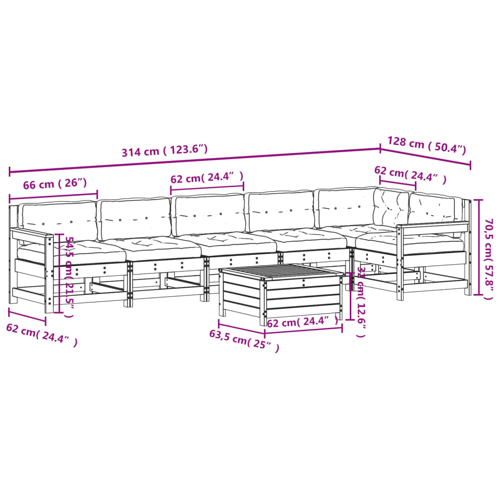 Garden furniture set with cushions, 7 pieces, solid pine wood