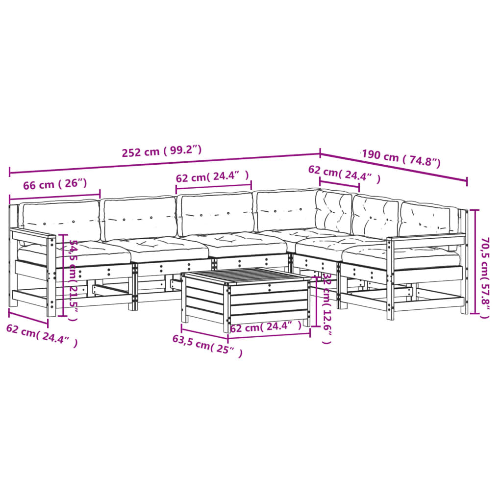 Set mobilier de grădină cu perne, 7 piese, lemn masiv de pin