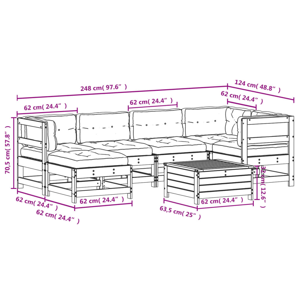 Garden furniture set with cushions, 7 pieces, solid pine wood