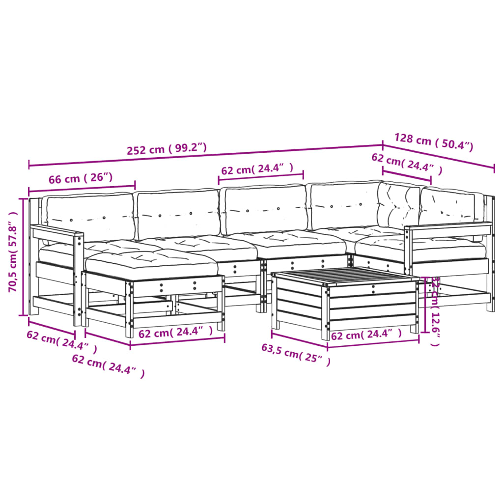 Garden furniture set with cushions, 7 pieces, solid pine wood