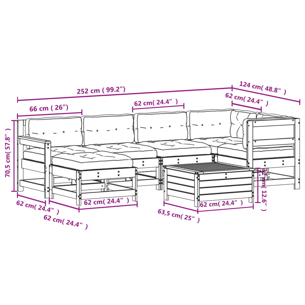 Garden furniture set with cushions, 7 pieces, solid pine wood