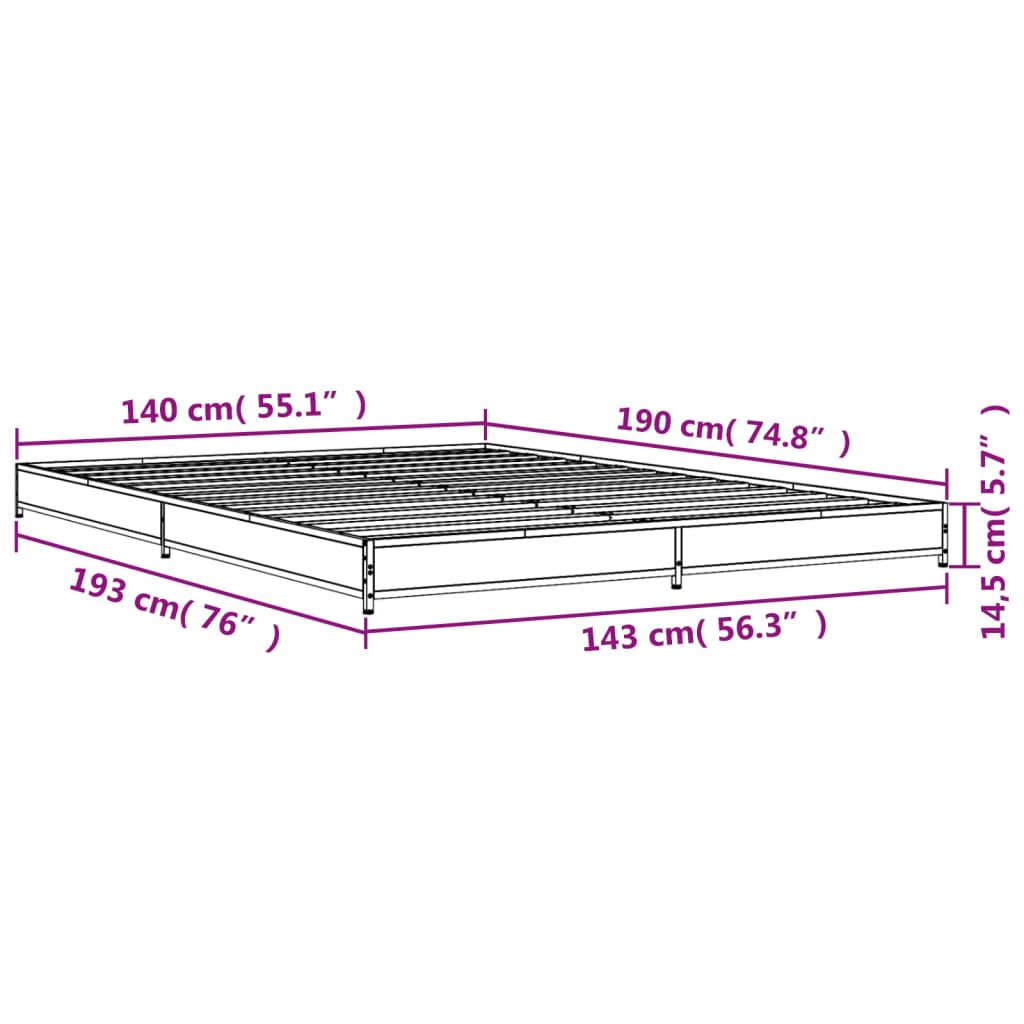 Cadru de pat, gri sonoma, 140x190 cm, lemn prelucrat și metal