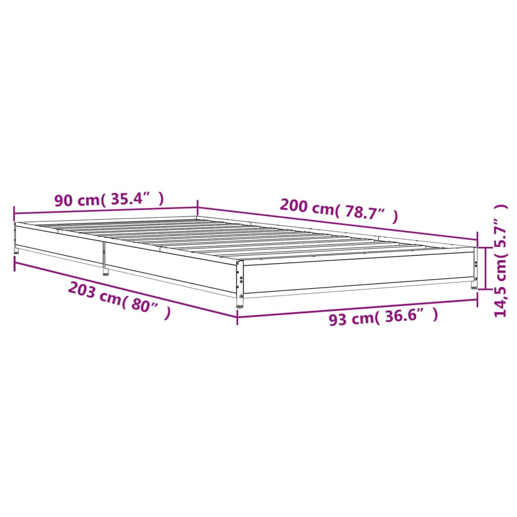 Cadru de pat, stejar maro, 90x200 cm, lemn prelucrat și metal