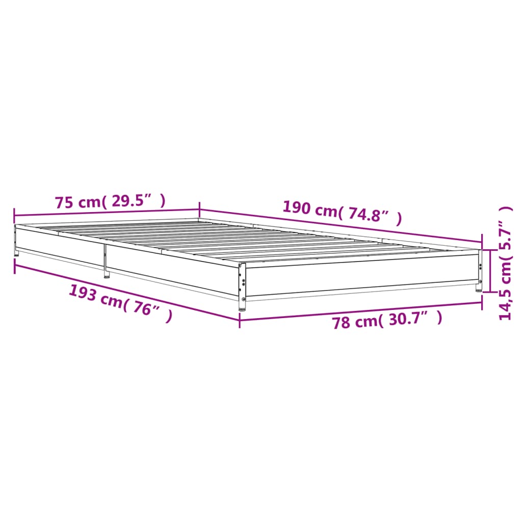 Cadru de pat, negru, 75x190 cm, lemn prelucrat și metal