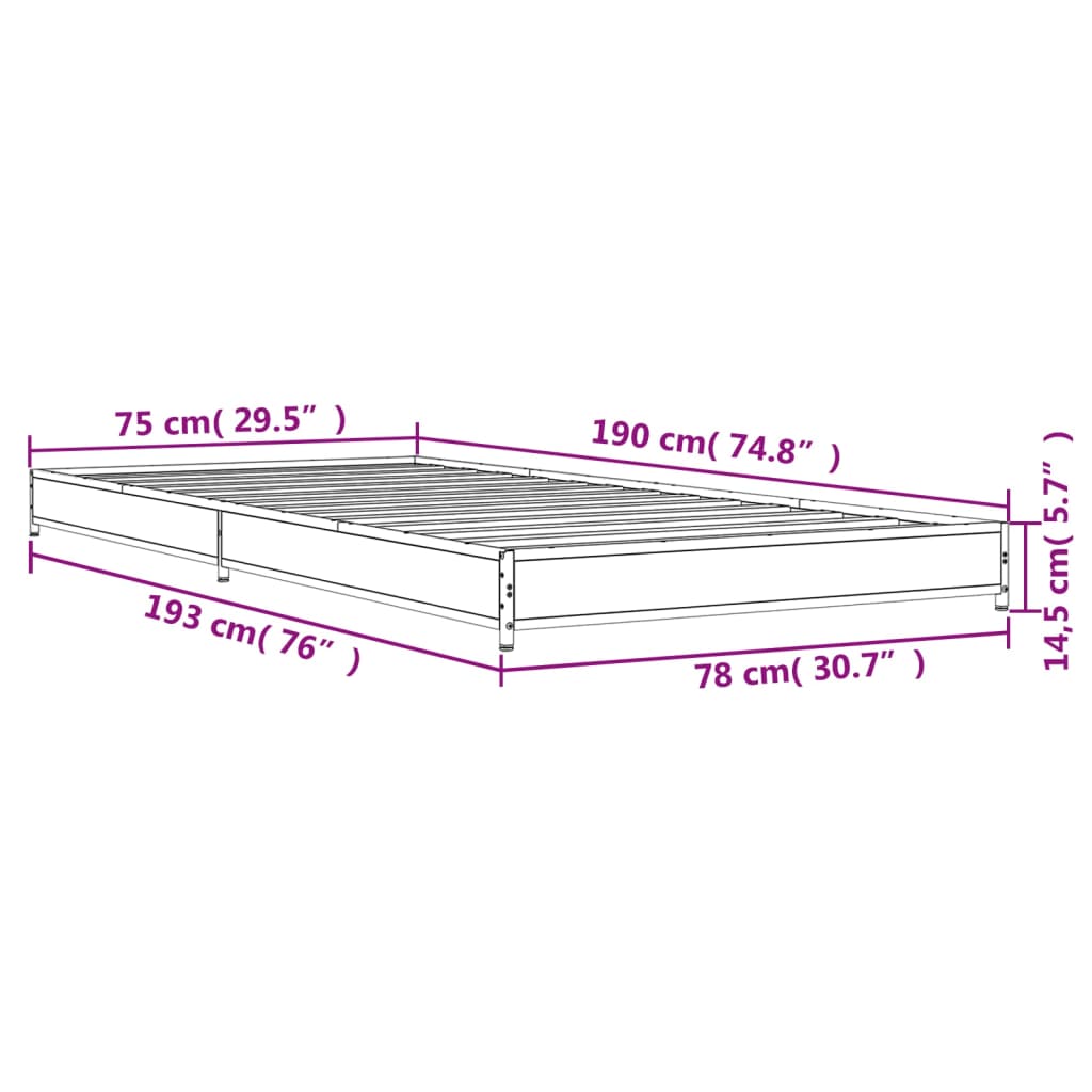 Cadru de pat, stejar sonoma, 75x190 cm, lemn prelucrat și metal