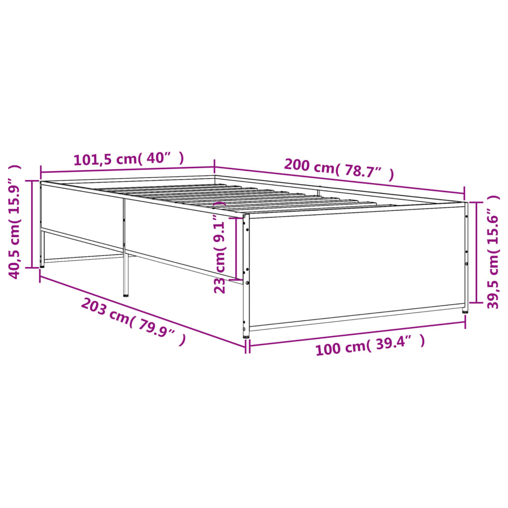 Cadru de pat, stejar fumuriu 100x200 cm lemn prelucrat și metal