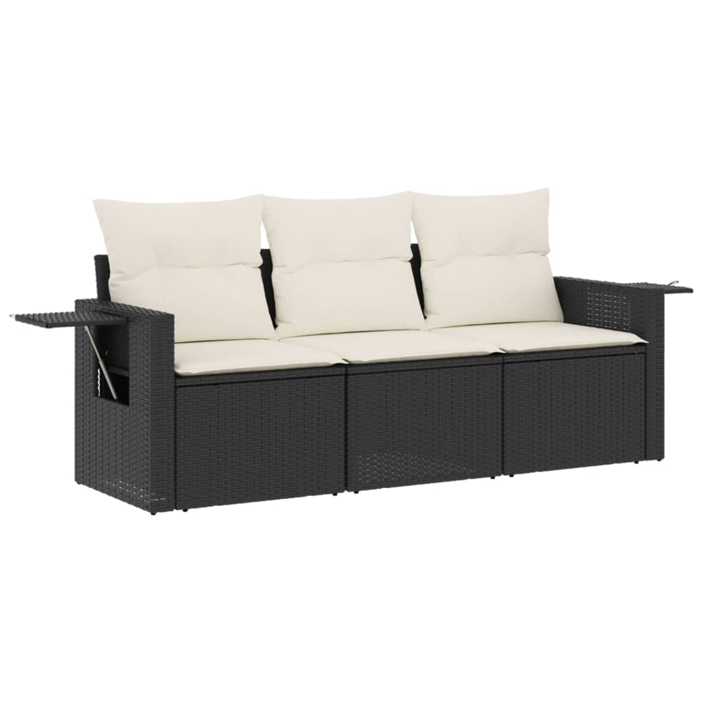 Garden furniture set with cushions, 3 pieces, black, polyrattan