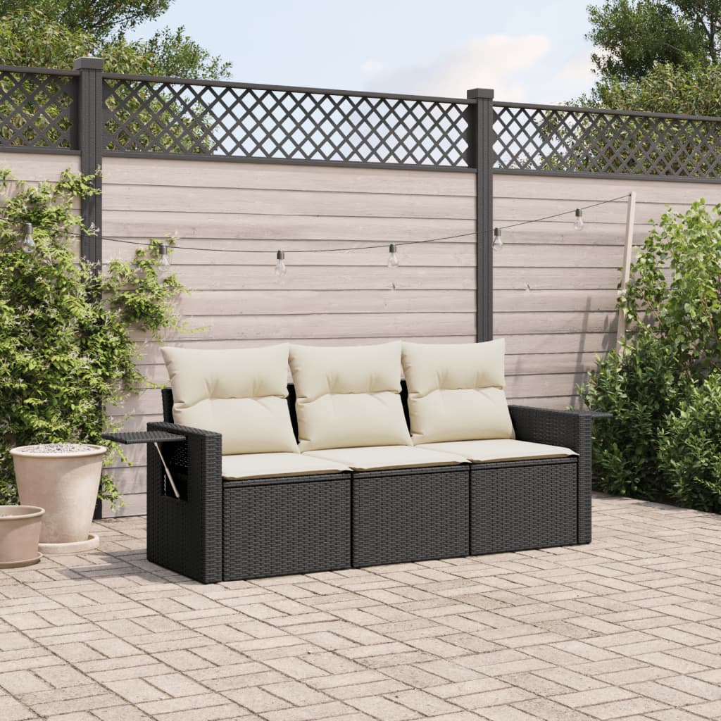 Garden furniture set with cushions, 3 pieces, black, polyrattan